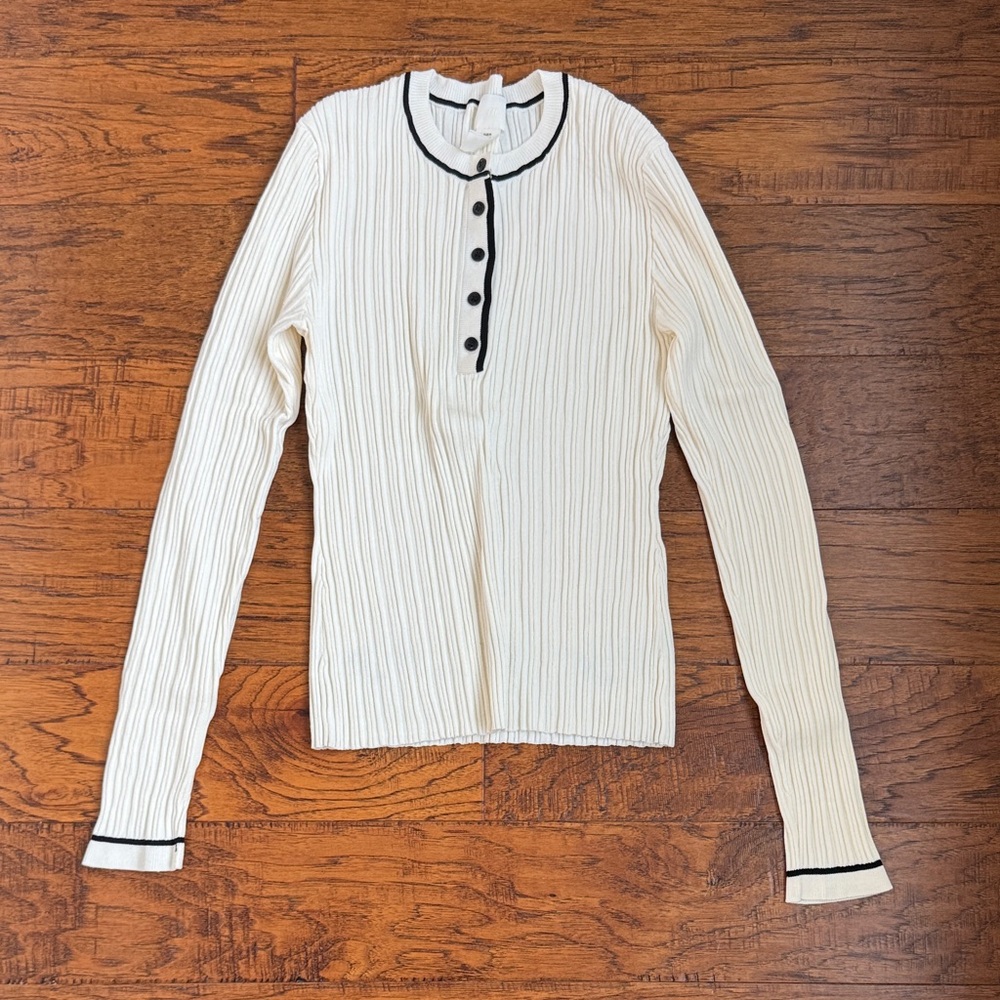 H&M Cream Ribbed Long-Sleeve Henley with Black Trim